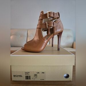 Michael Kors Blaze Brown Strappy Peep-Toe Heels